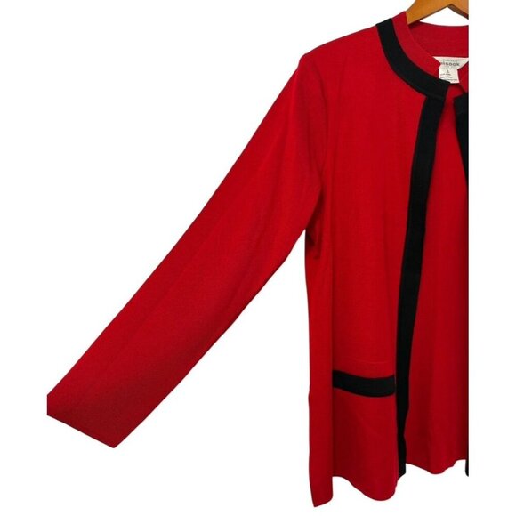 Exclusively Misook Open Jacket Red Black Trim Faux Pockets Shoulder Pads Size L - Picture 3 of 10